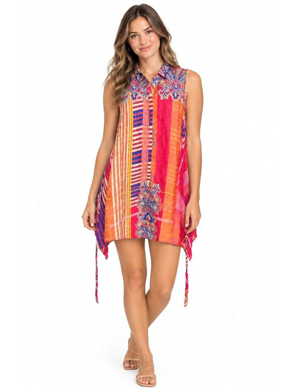 Johnny Was 100% Silk Sleeveless Paisley Tunic Shirt Dress Boho Vibrant Size XS